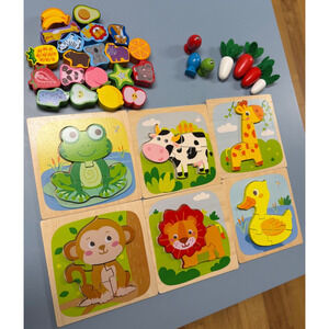 Lot of 6 Wooden Toddler Puzzles + Shape Word Blocks for Montessori Edu Toys